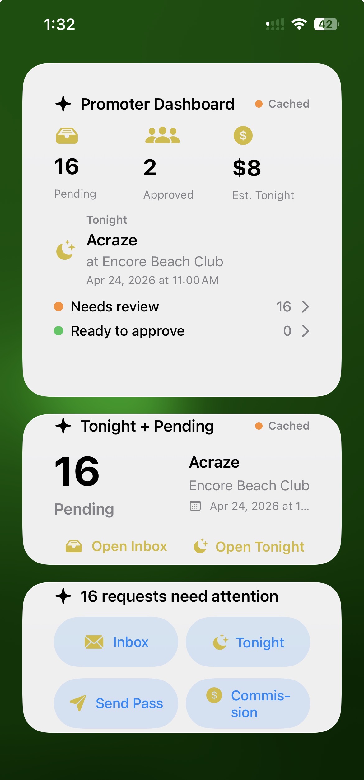 Lock-screen widgets: Promoter Dashboard and Tonight + Pending