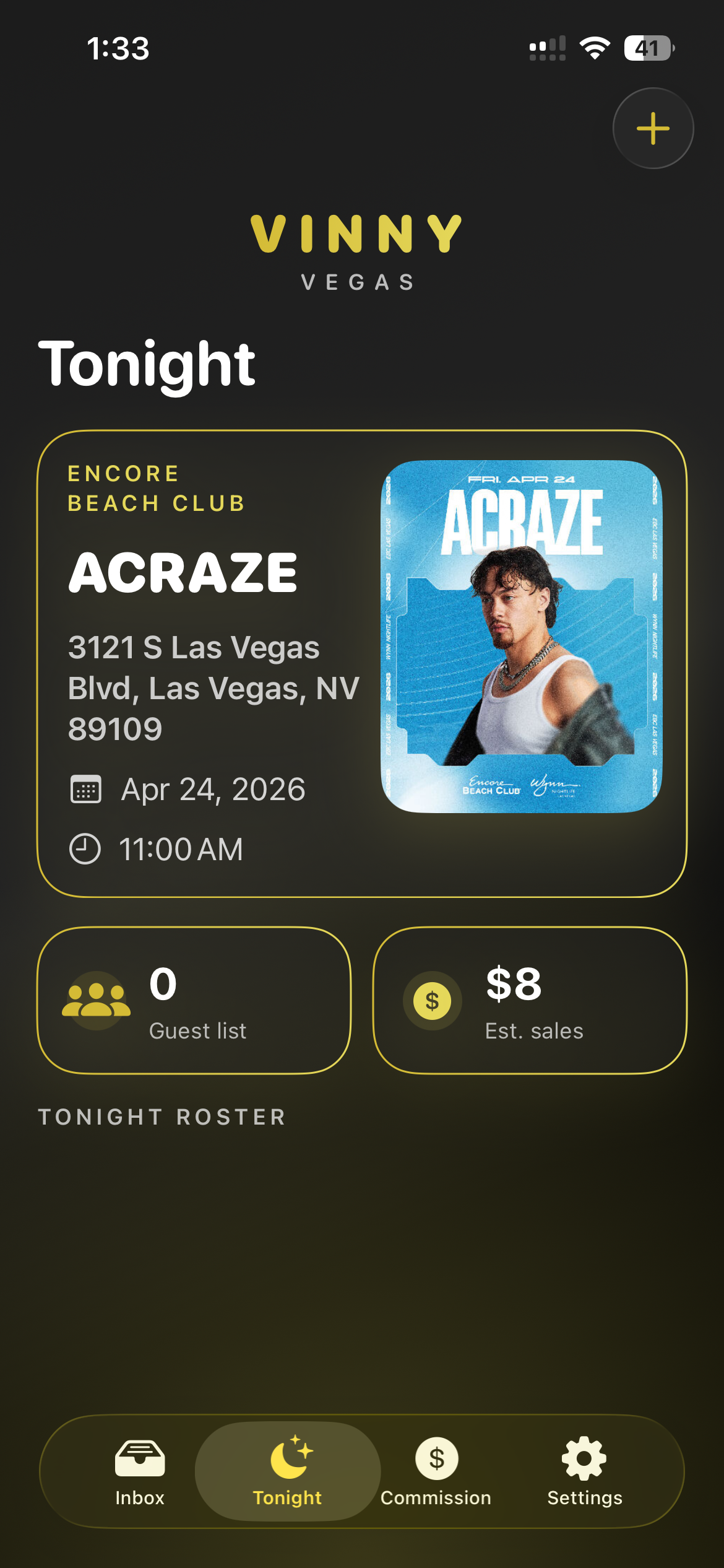 Tonight tab showing the current event