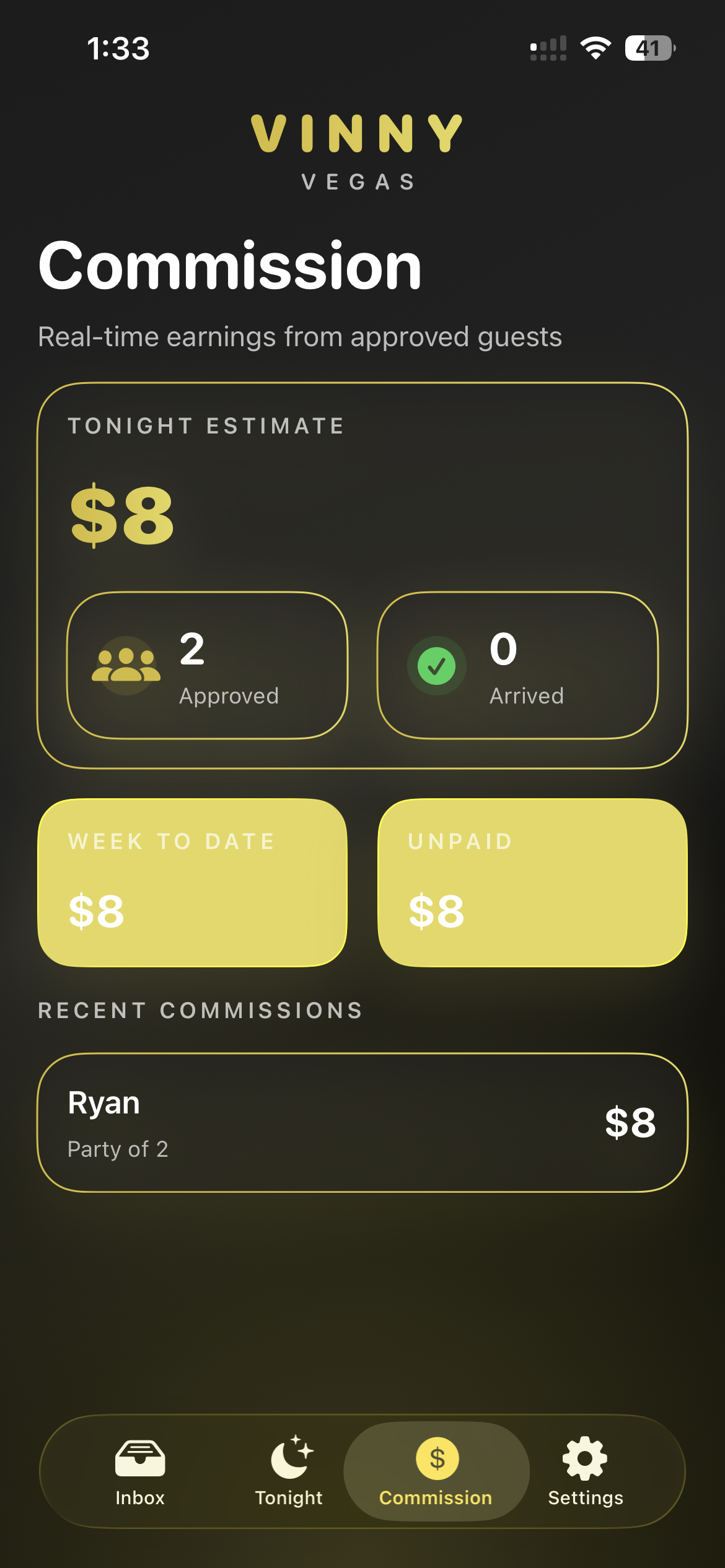 Commission view with real-time earnings