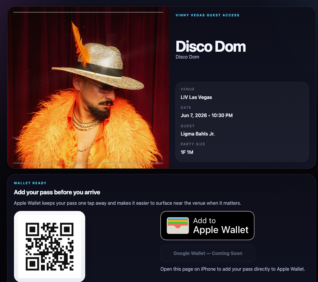vny.lv landing page with Add to Apple Wallet